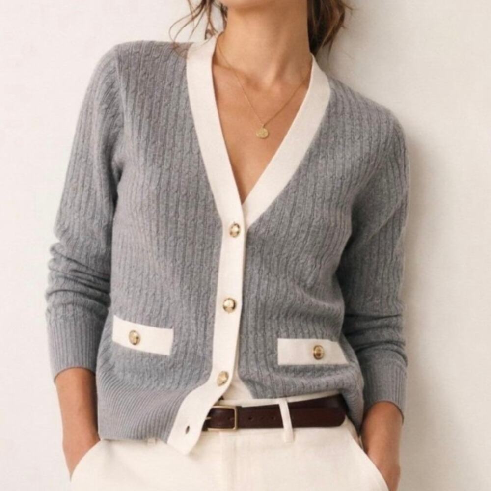 Adrianna Papell XL Gray Cardigan Gold Button Quiet Luxury Preppy Academia Office